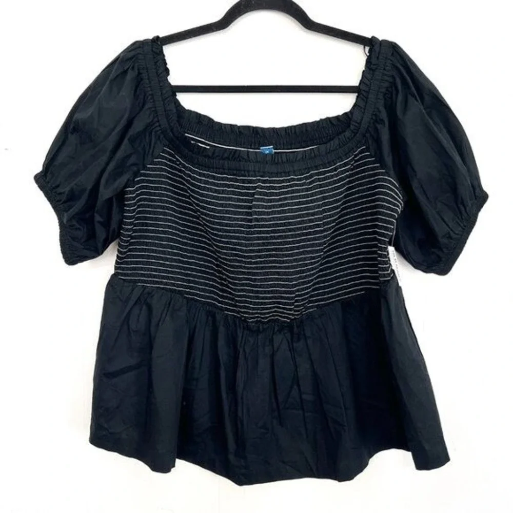 NWT Old Navy Off The Shoulder Smocked Babydoll Swing Puff Sleeve Top Black 2X